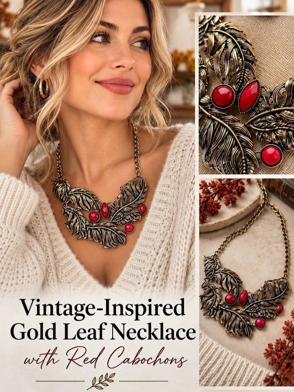 Gold Leaf Necklace in Gold & Red NWT